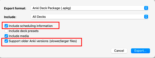 Screenshot of Anki export options Screenshot of Anki export options