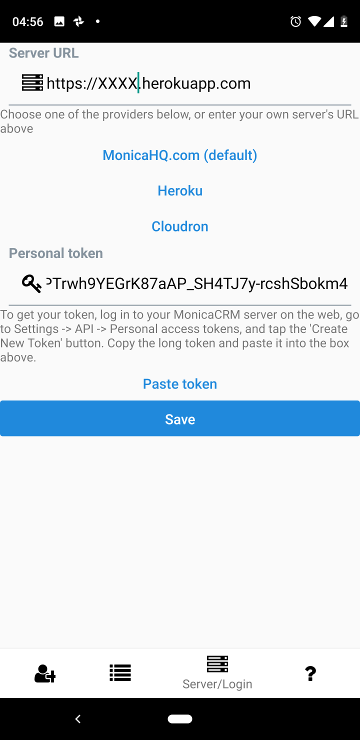 Server settings configuration Mobile screenshot showing input fields for server URL and token